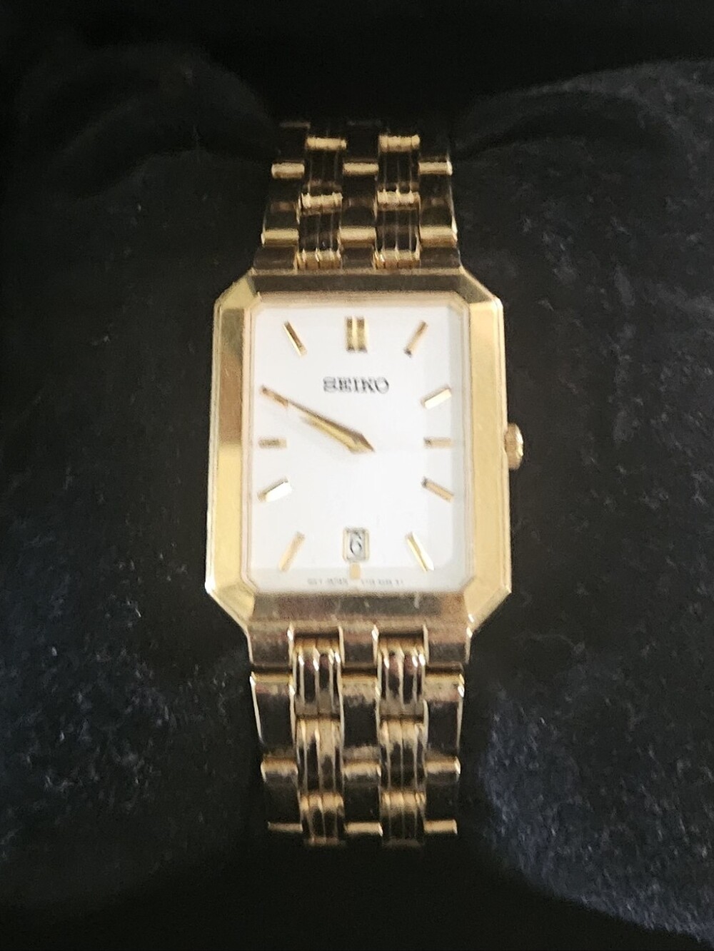 Seiko Gold and White Rectangular Bracelet Watch With Box